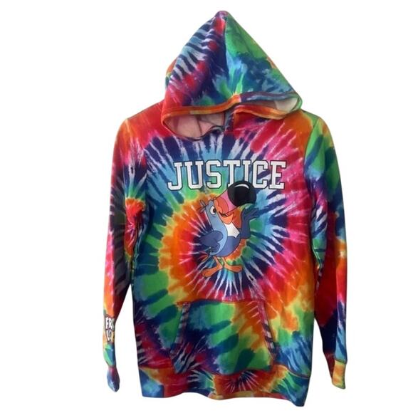 Justice Fruit Loops Rainbow Tie Dye Hoodie Toucan Sam Fall Pullover Sz L (Girls) - Picture 1 of 6